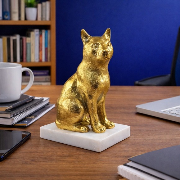 Other - Vintage 6" Gold Textured Cat Figurine Statue on White Marble Base Bookend Decor
